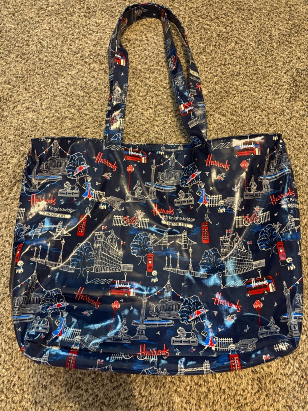 Harrods Navy London Landmark Print Tote Bag with Red Accents